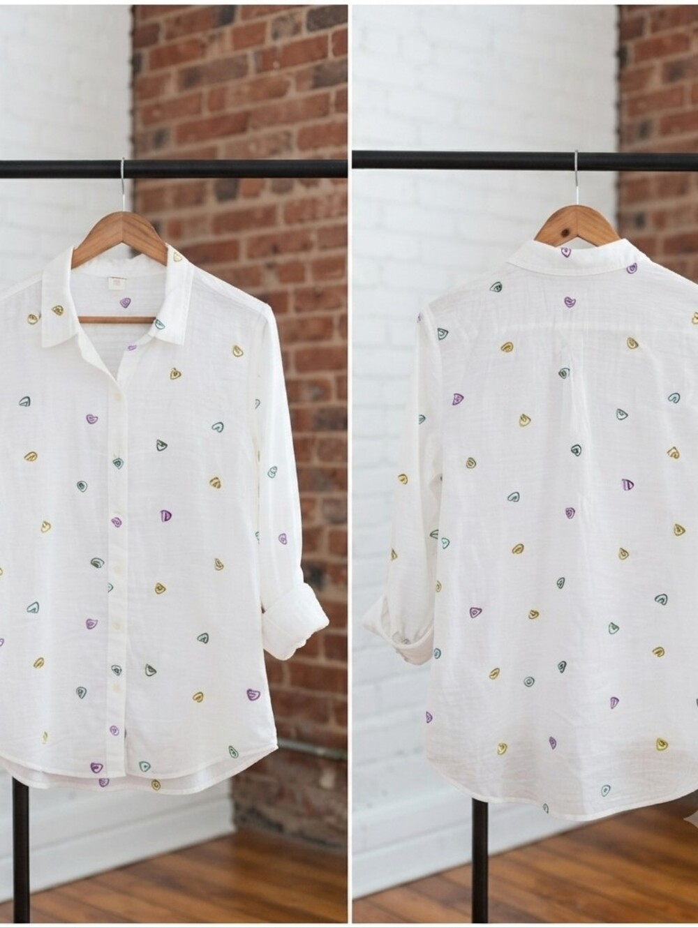 Lucky Brand White Button-Down Shirt with Multi Colored Heart Motif